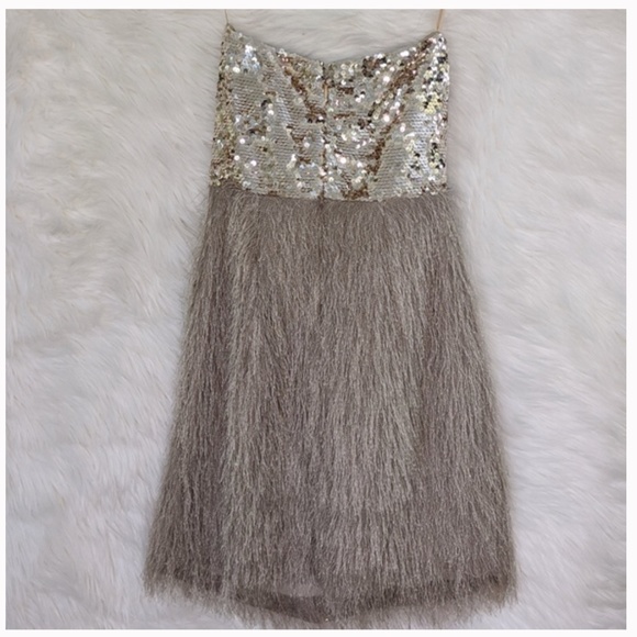 Gold Sequin and Beige Feathers Strapless Dress - Picture 2 of 3